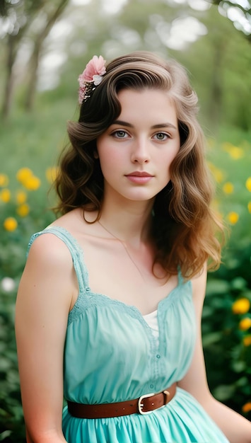 Ritratto di una bella ragazza in un vestito blu nel parco