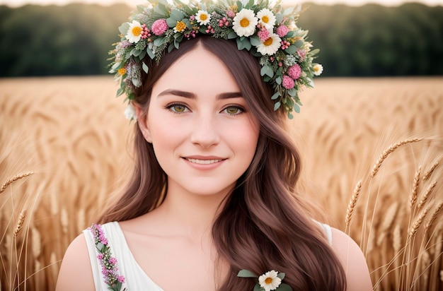 Ritratto di una bella ragazza in una corona di fiori su un campo di grano IA generativa