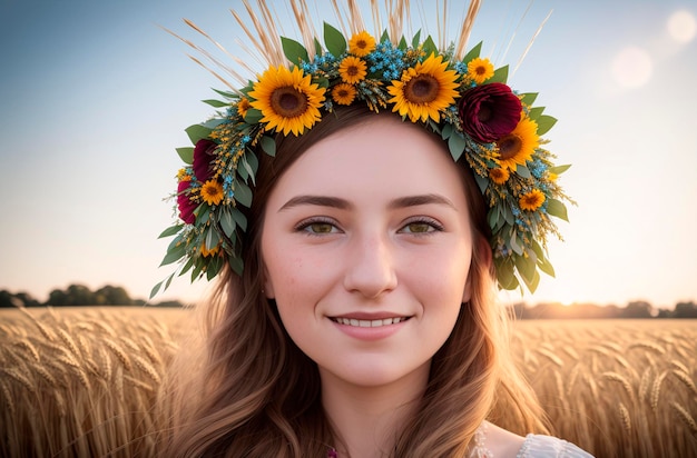 Ritratto di una bella ragazza in una corona di fiori su un campo di grano IA generativa