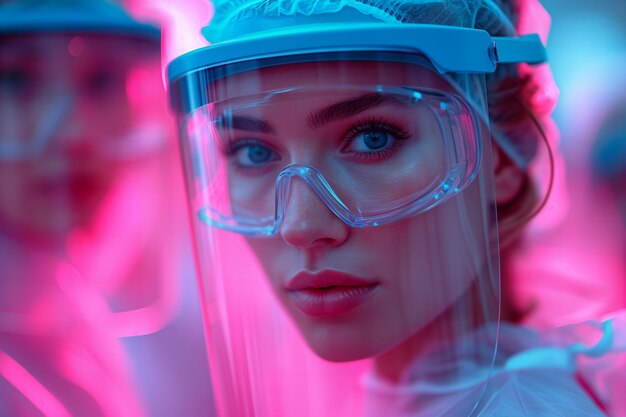 ritratto di una bella ragazza lavoratrice medica viso scudo e occhiali su uno sfondo luminoso con spac