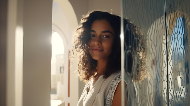 Ritratto di una bella ragazza marocchina su uno sfondo di architettura leggera con un accento blu