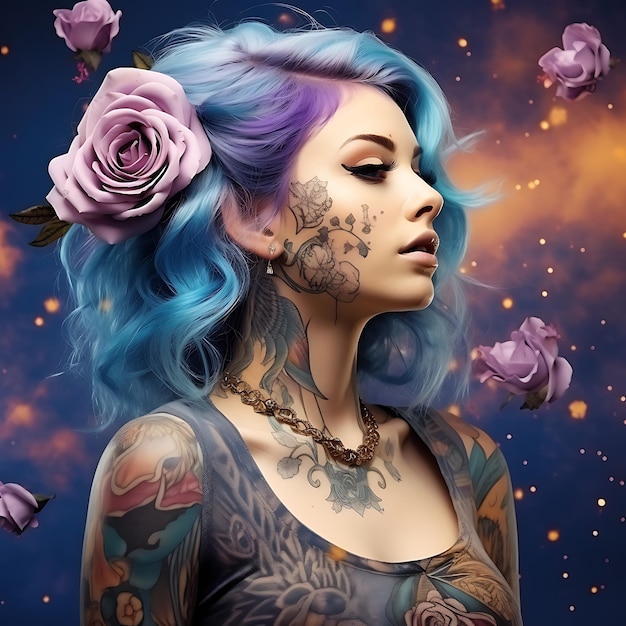 Ritratto di una bella ragazza punk alternativa con i capelli di colore blu punk moderno