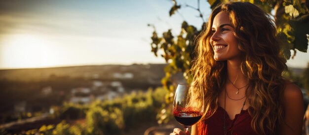 Ritratto di una bella ragazza sorridente con un bicchiere di vino sullo sfondo di un vigneto AI generativa