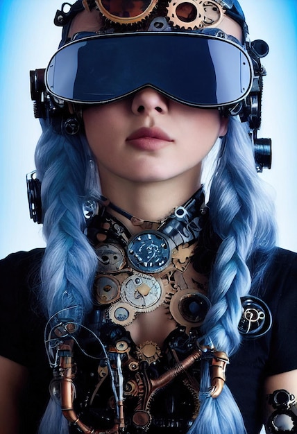 Ritratto di una bella ragazza steampunk immaginaria con bei capelli e occhiali steampunk