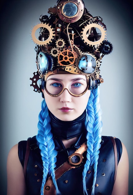 Ritratto di una bella ragazza steampunk immaginaria con bei capelli e occhiali steampunk