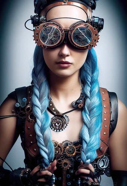 Ritratto di una bella ragazza steampunk immaginaria con bei capelli e occhiali steampunk
