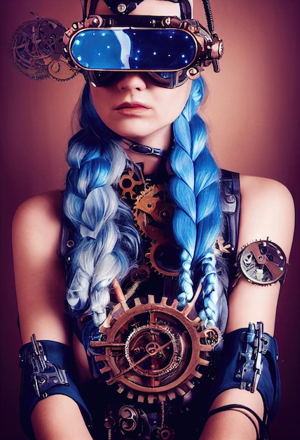 Ritratto di una bella ragazza steampunk immaginaria con bei capelli e occhiali steampunk