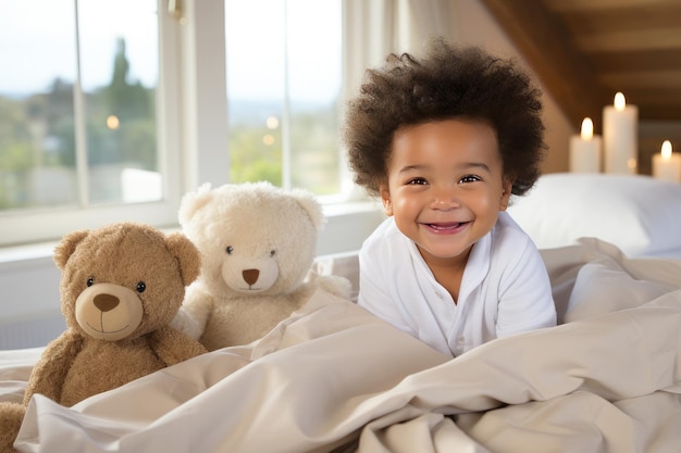 Ritratto di una bella ragazzina afroamericana in un letto