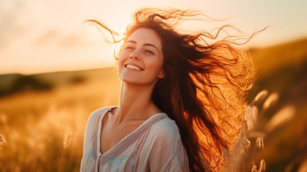 ritratto di una bella ragazzina nel campo al tramonto in estate