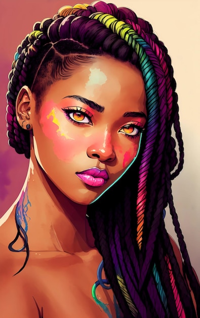 Ritratto di una bella scatola di ragazza afroamericana intreccia i capelli colorati in stile pittura digitale