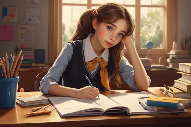 Ritratto di una bella scolaressa seduta alla scrivania e che fa i compiti
