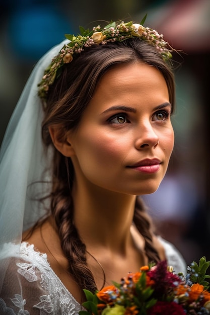 Ritratto di una bella sposa in abito da sposa bianco