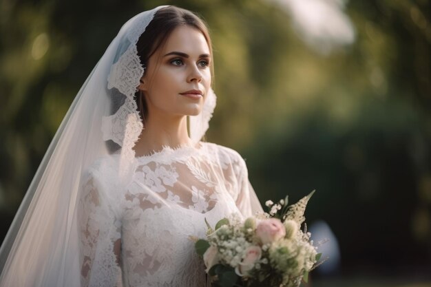 Ritratto di una bella sposa in abito di pizzo e velo che tiene un mazzo di fiori contro