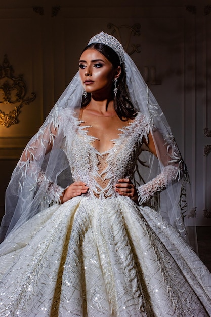 Ritratto di una bella sposa in un bellissimo abito da sposa