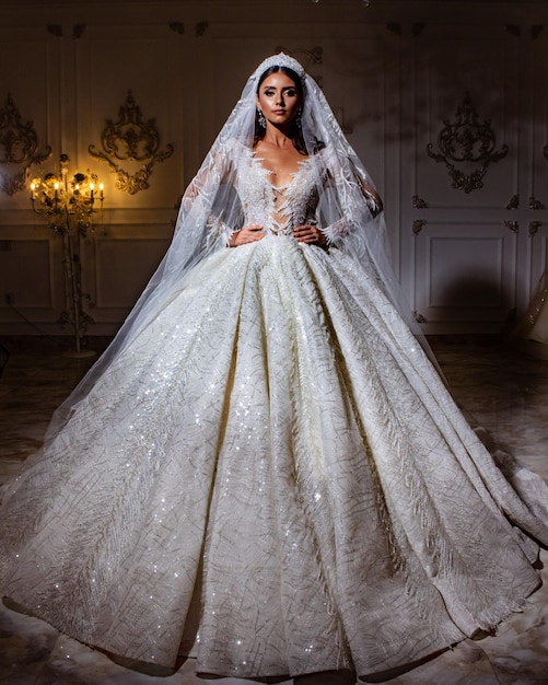 Ritratto di una bella sposa in un bellissimo abito da sposa