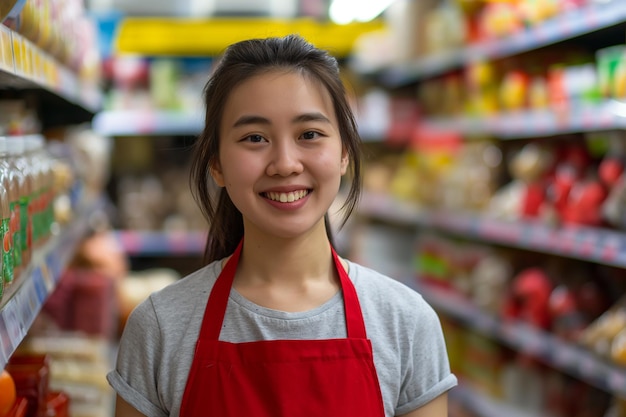 Ritratto di una bella venditrice asiatica sorridente in un supermercato che indossa un grembiule rosso