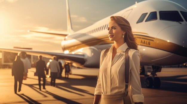 Ritratto di una bellissima dolce hostess fuori da un aereo