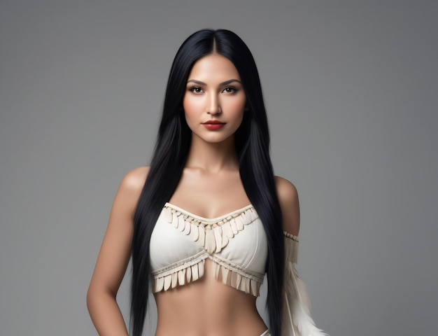 Ritratto di una bellissima donna asiatica con lunghi capelli neri in reggiseno bianco