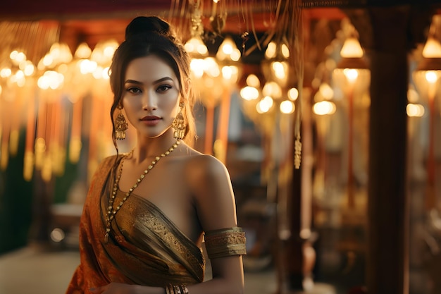 Ritratto di una bellissima donna asiatica in costume tradizionale thailandese stile antico cultura thailandese