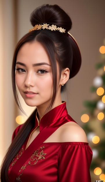 Ritratto di una bellissima donna cinese con un copricapo di Capodanno con Natale