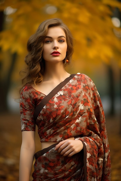 Ritratto di una bellissima donna in saree floreale che abbraccia la bellezza autunnale