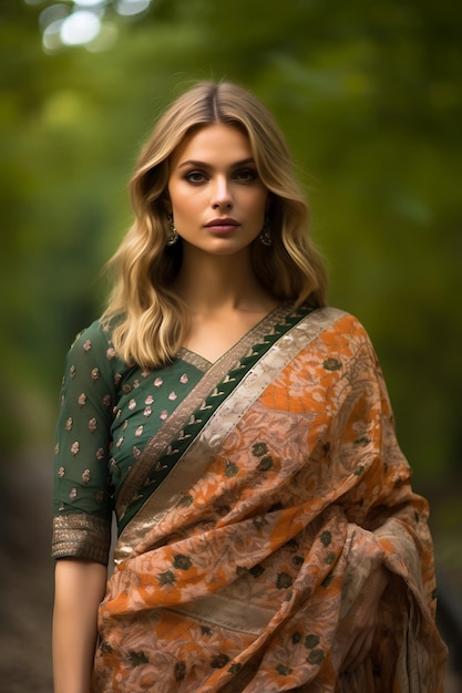 Ritratto di una bellissima donna in saree floreale che abbraccia la bellezza autunnale