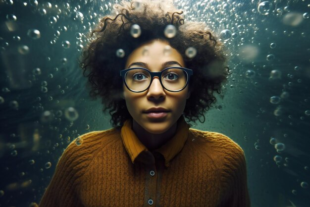 Ritratto di una bellissima giovane donna afroamericana con capelli ricci e occhiali