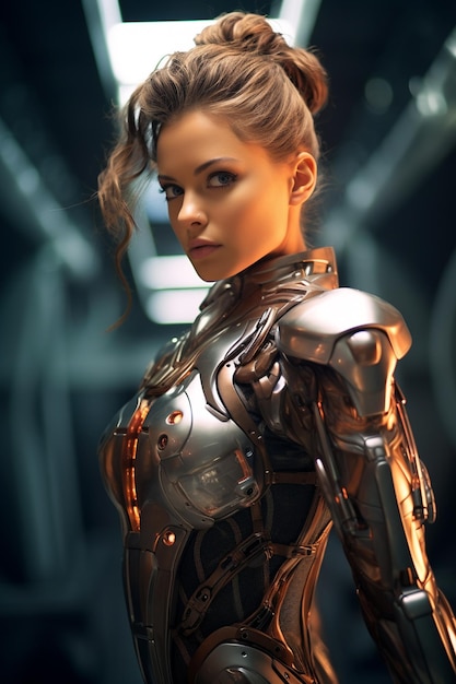 Ritratto di una bellissima giovane donna che indossa un costume di cyborg