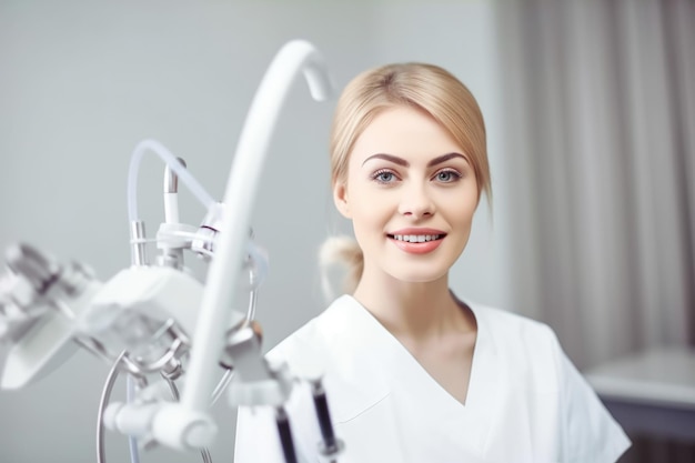 Ritratto di una bellissima giovane donna con attrezzatura da dentista in bocca creata con intelligenza artificiale generativa