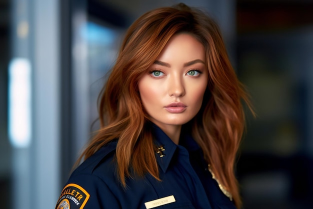 Ritratto di una bellissima giovane donna in uniforme da ufficiale di polizia