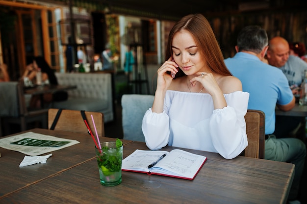 Ritratto di una bellissima giovane imprenditrice parlando al telefono e scrivere qualcosa nel suo quaderno rosso, mentre seduto in un caffè.