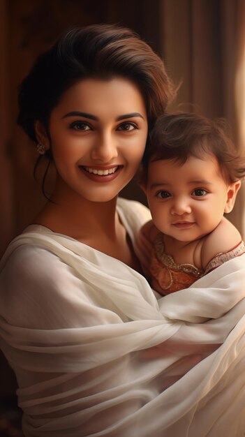 Ritratto di una bellissima madre indiana con il suo adorabile bambino