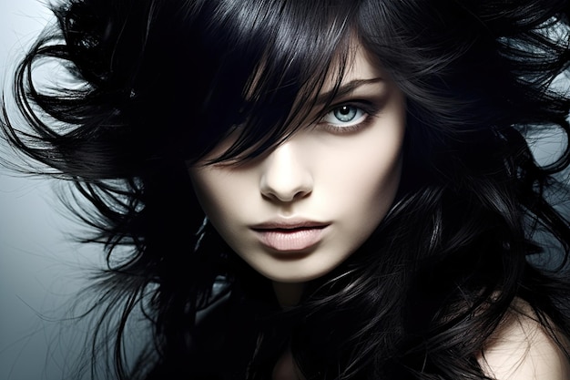 Ritratto di una bellissima ragazza attraente con bellissimi capelli neri close-up generazione di AI