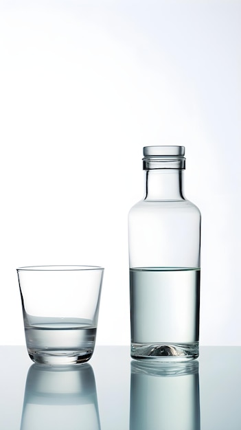 Ritratto di una bottiglia e un bicchiere d'acqua su sfondo bianco con spazio per il testo