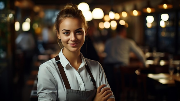 Ritratto di una cameriera sorridente in un ristorante affollato