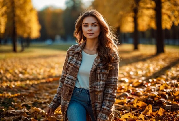 Ritratto di una carina giovane donna di aspetto slavo con foglie in abbigliamento casuale in autunno in piedi agai