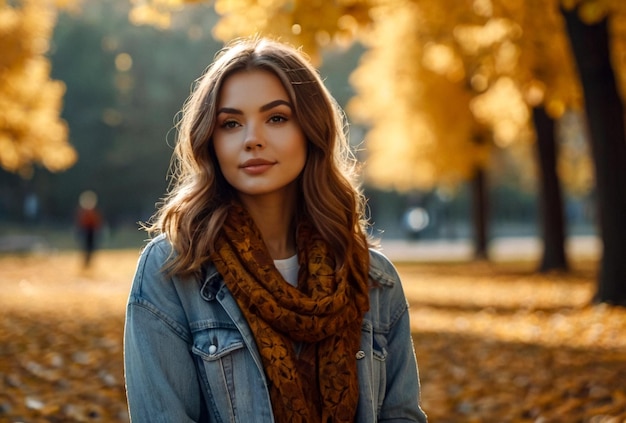 Ritratto di una carina giovane donna di aspetto slavo con foglie in abbigliamento casuale in autunno in piedi agai