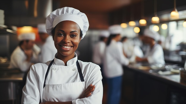 Ritratto di una chef donna sorridente con le mani incrociate in cucina Design ai