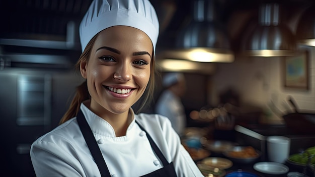Ritratto di una chef donna sorridente in cucina Ai generativa