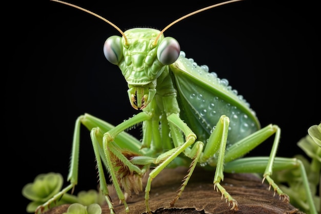 Ritratto di una comune mantide verde su uno sfondo nero