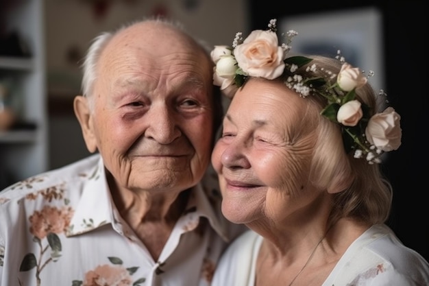 Ritratto di una coppia anziana che si gode il loro anniversario di matrimonio insieme a casa