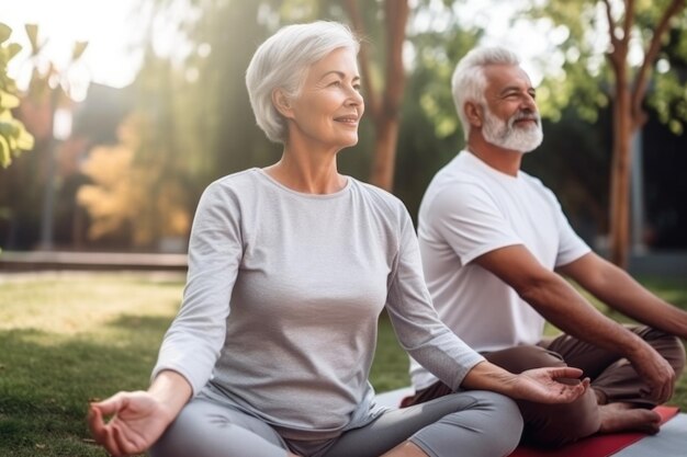 Ritratto di una coppia caucasica anziana donna e uomo in abbigliamento sportivo pratica yoga nel parco