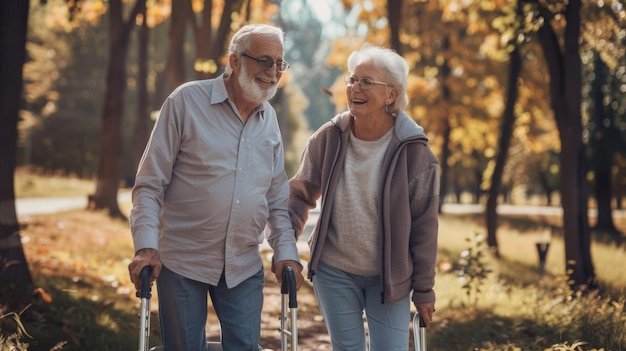 Ritratto di una coppia di anziani felici e amorevoli che fanno una passeggiata con un camminatore nel parco