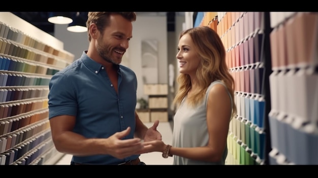 Ritratto di una coppia felice che si guarda l'un l'altro in piedi in un negozio