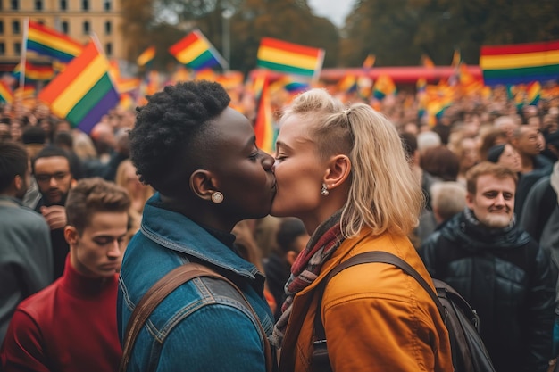 Ritratto di una coppia lesbica una africana e l'altra bionda che si baciano alla marcia del Gay Pride Day il 28 giugno Bandiera LGBTQ