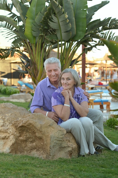 Ritratto di una coppia senior che si rilassa vicino al resort dell'hotel
