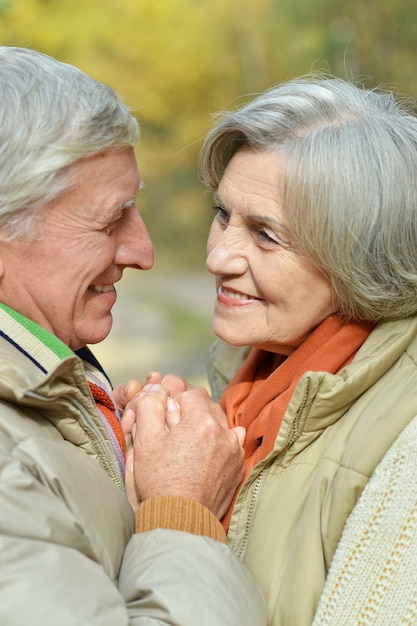 Ritratto di una coppia senior felice felice nel parco autunnale