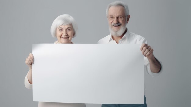 Ritratto di una coppia senior felice in uno studio con un poster di carta bianca tra le mani