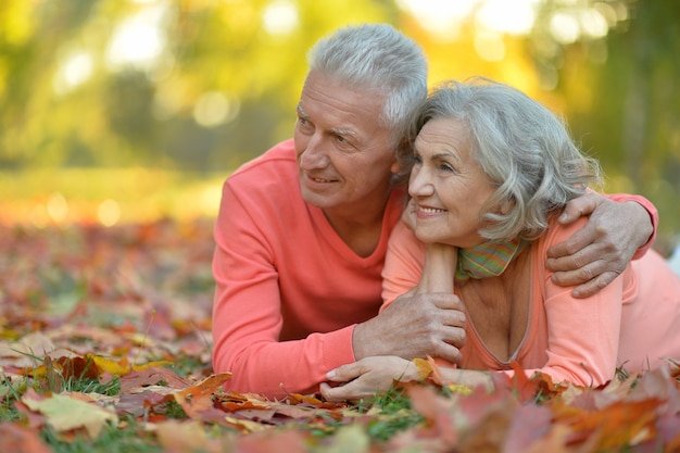 Ritratto di una coppia senior felice nel parco autunnale