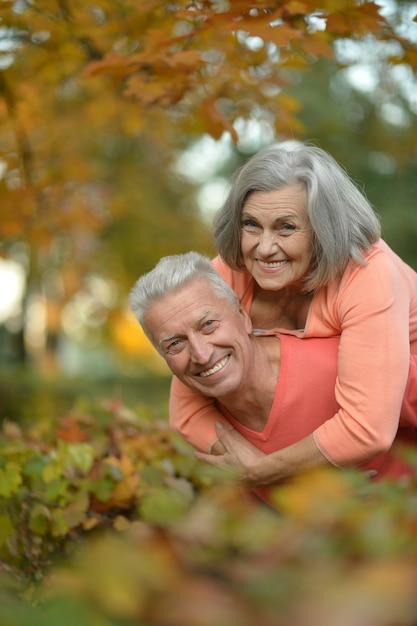 Ritratto di una coppia senior felice nel parco autunnale